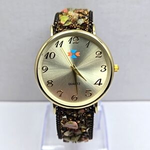 Womens Canyon Sky Southwestern Pink Green Stone Gold Tone Watch Leather Runs